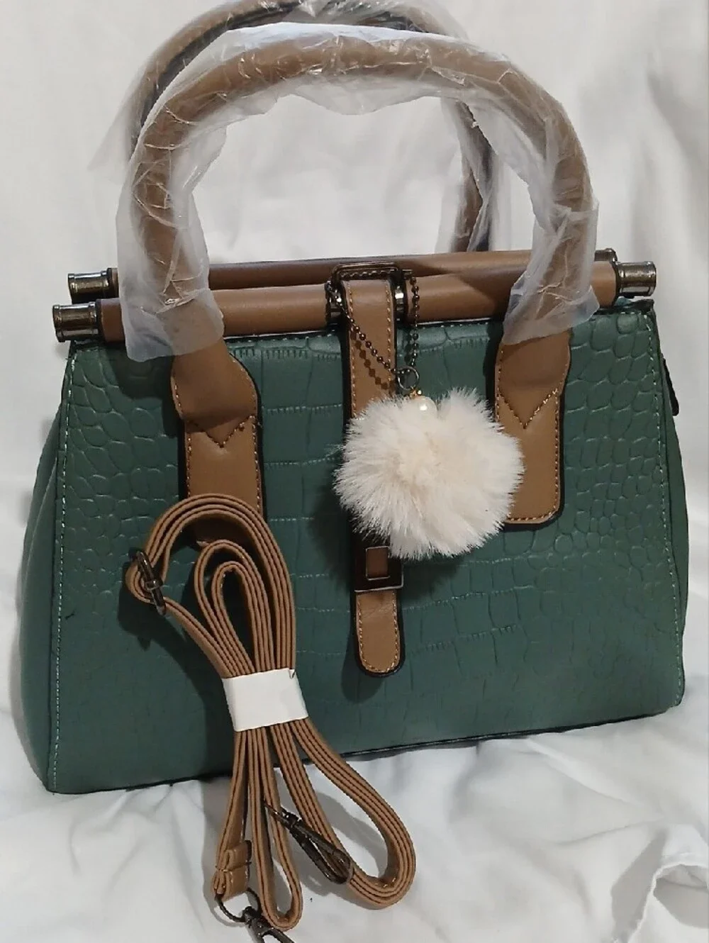 Green Croc-Texture Satchel Handbag with Tan Accents